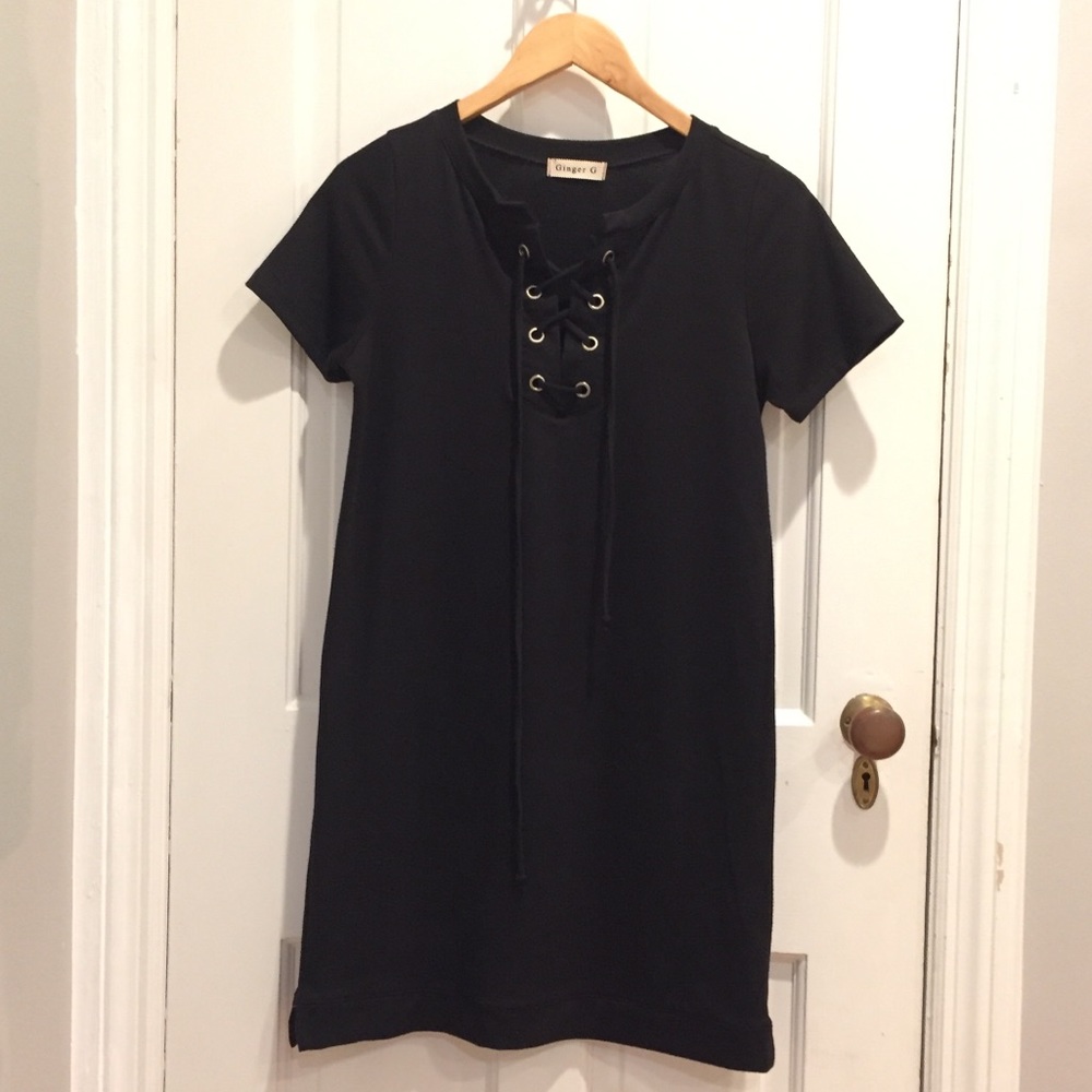 Black “Ginger G” Lace-Up T-shirt Dress, Size S